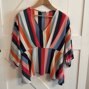 Peach Love Women's Blouse Multicolor Stripes Size Large Boho Workwear